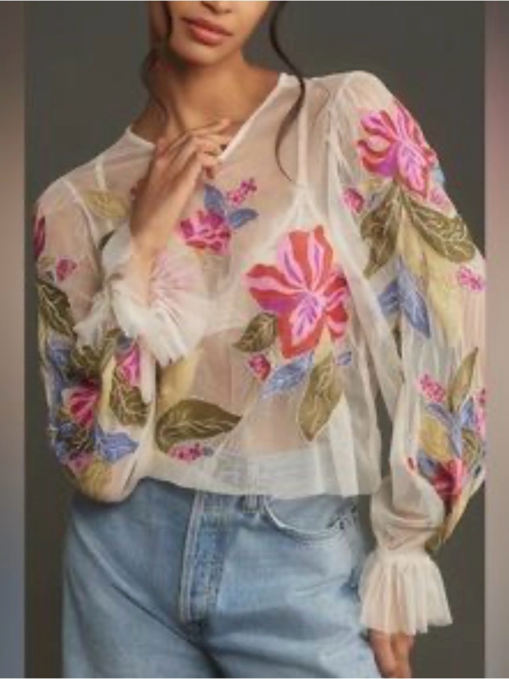 Anthropologie Sheer Embroidered Metallic Thread Mesh Top XL Floral